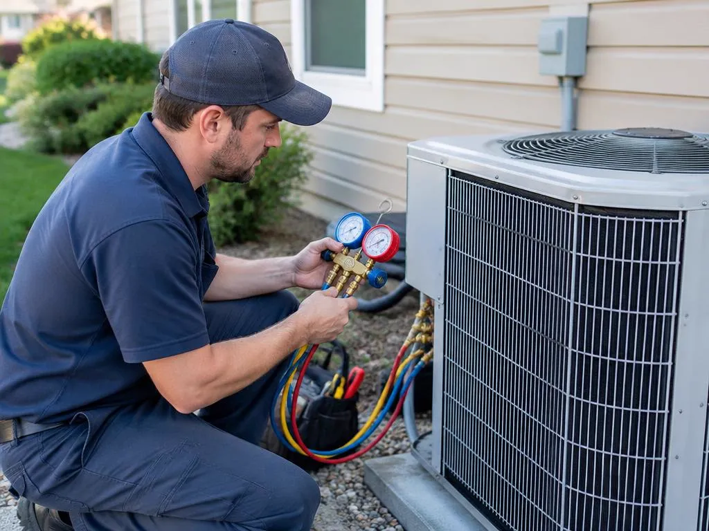 HVAC technician servicing an outdoor air conditioning unit