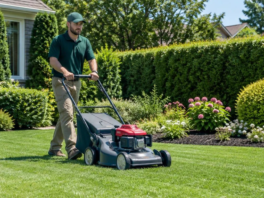 Landscaper mowing a residential lawn