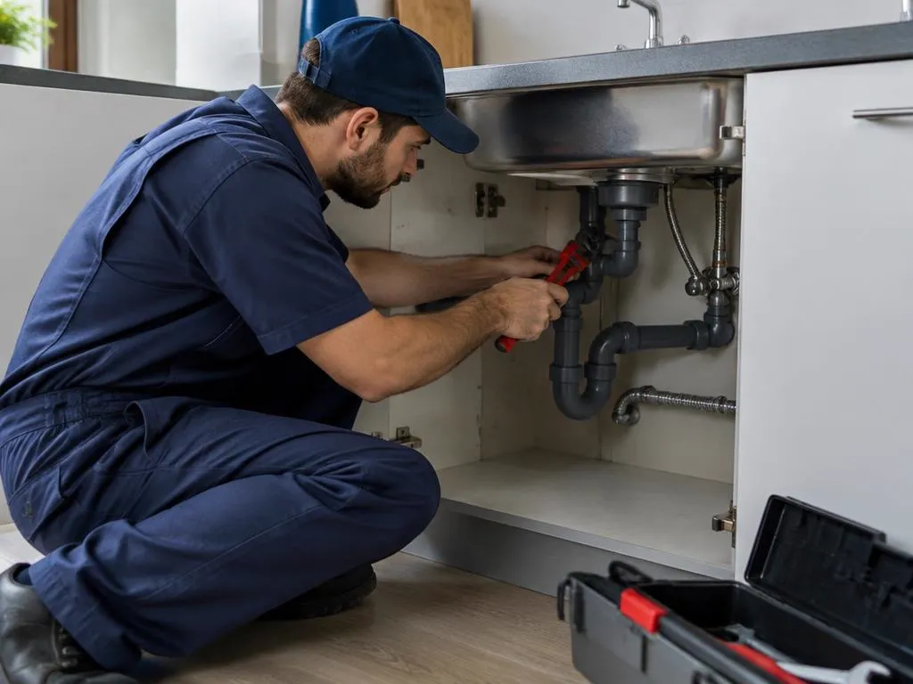 Plumber repairing pipes under a kitchen sink