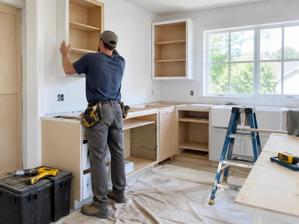 Remodeler installing kitchen cabinets during a home renovation