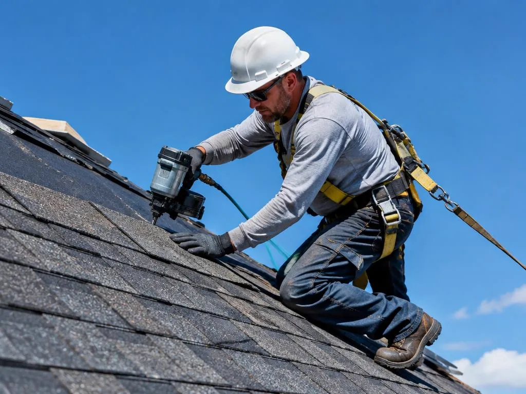 Roofer installing shingles on a residential roof