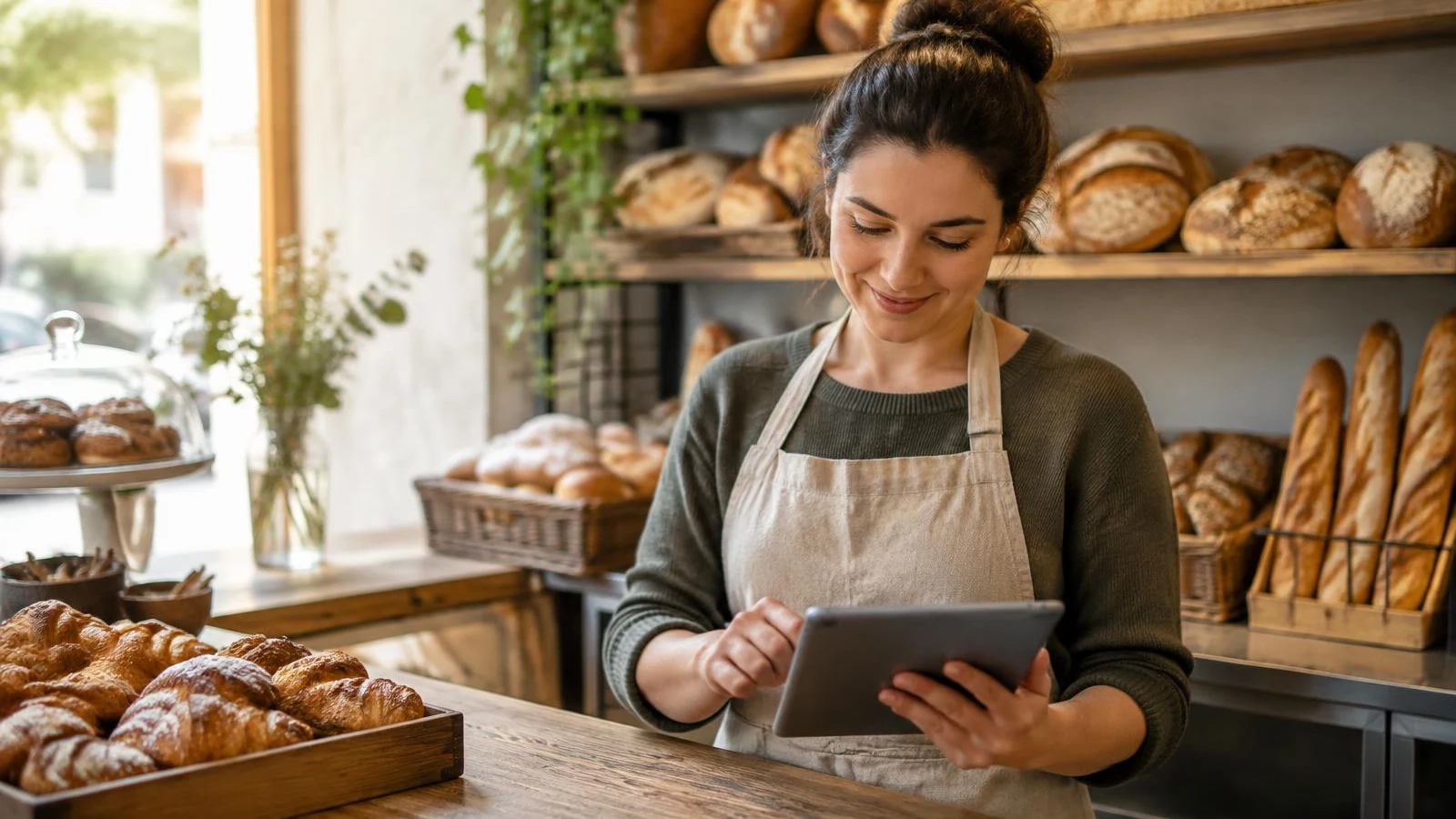 Bakery owner using a tablet at the counter beside fresh bread
