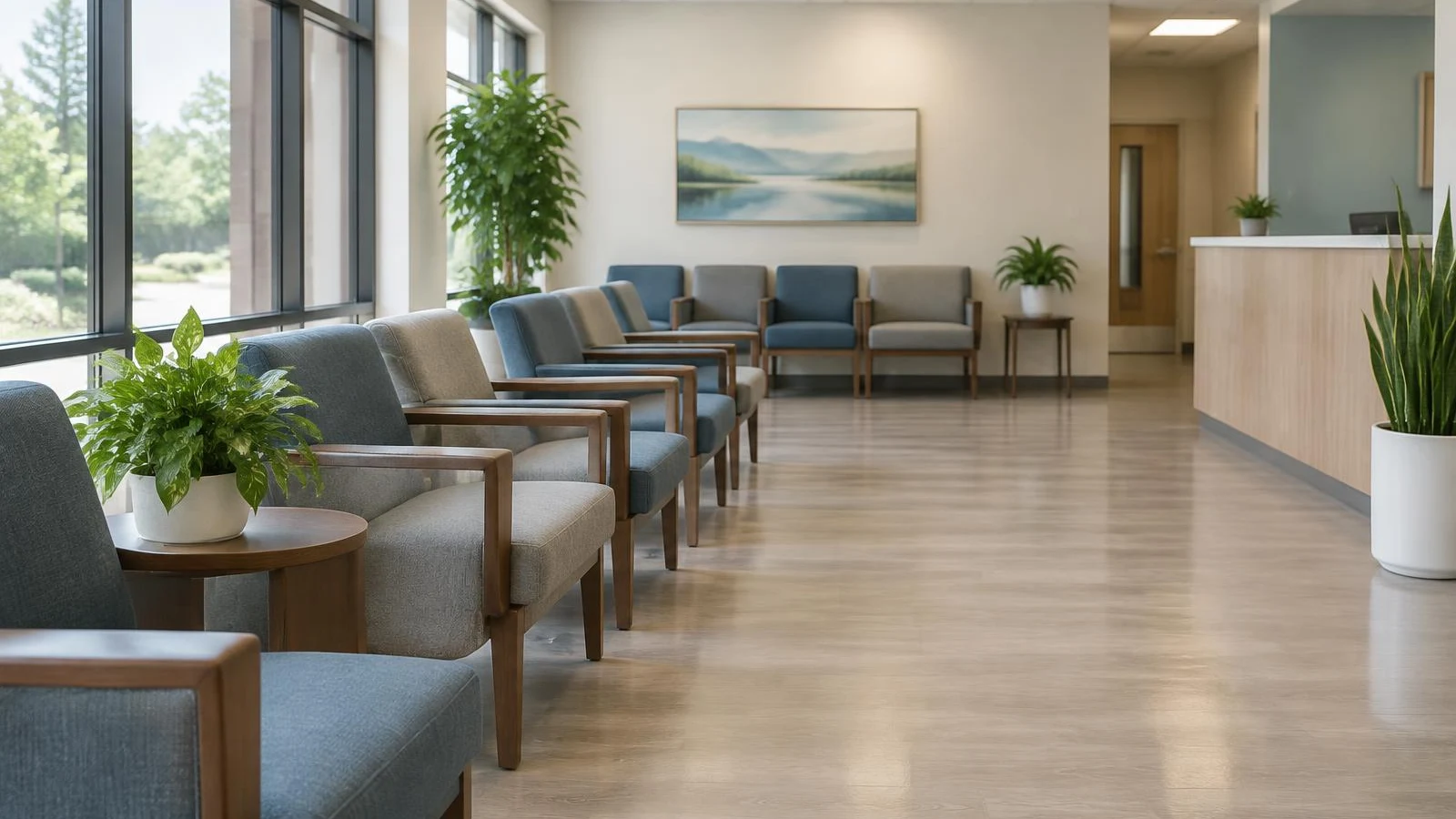 Empty clinic waiting room with rows of chairs