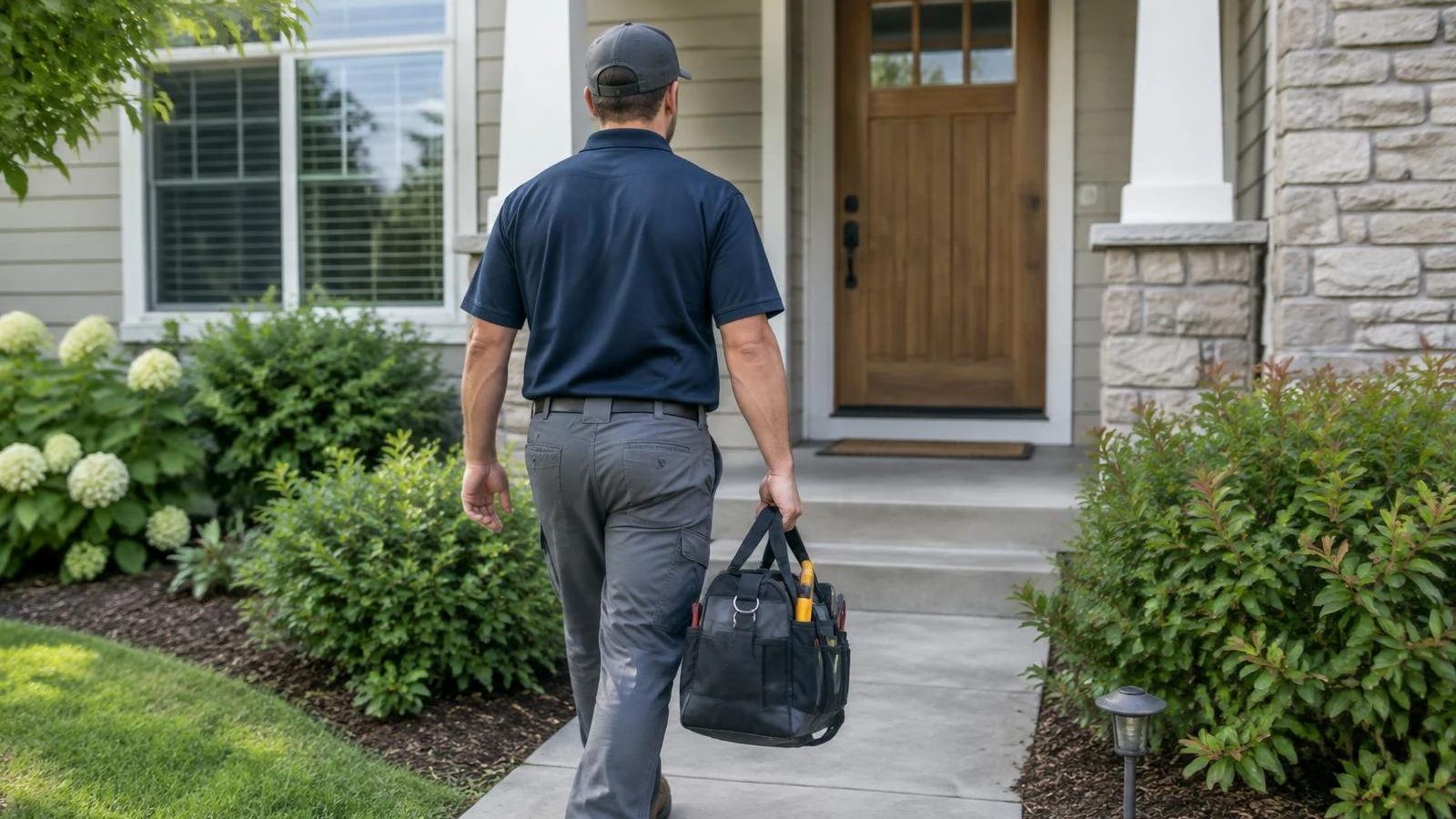 Technician carrying a tool bag up the walkway to a home's front door