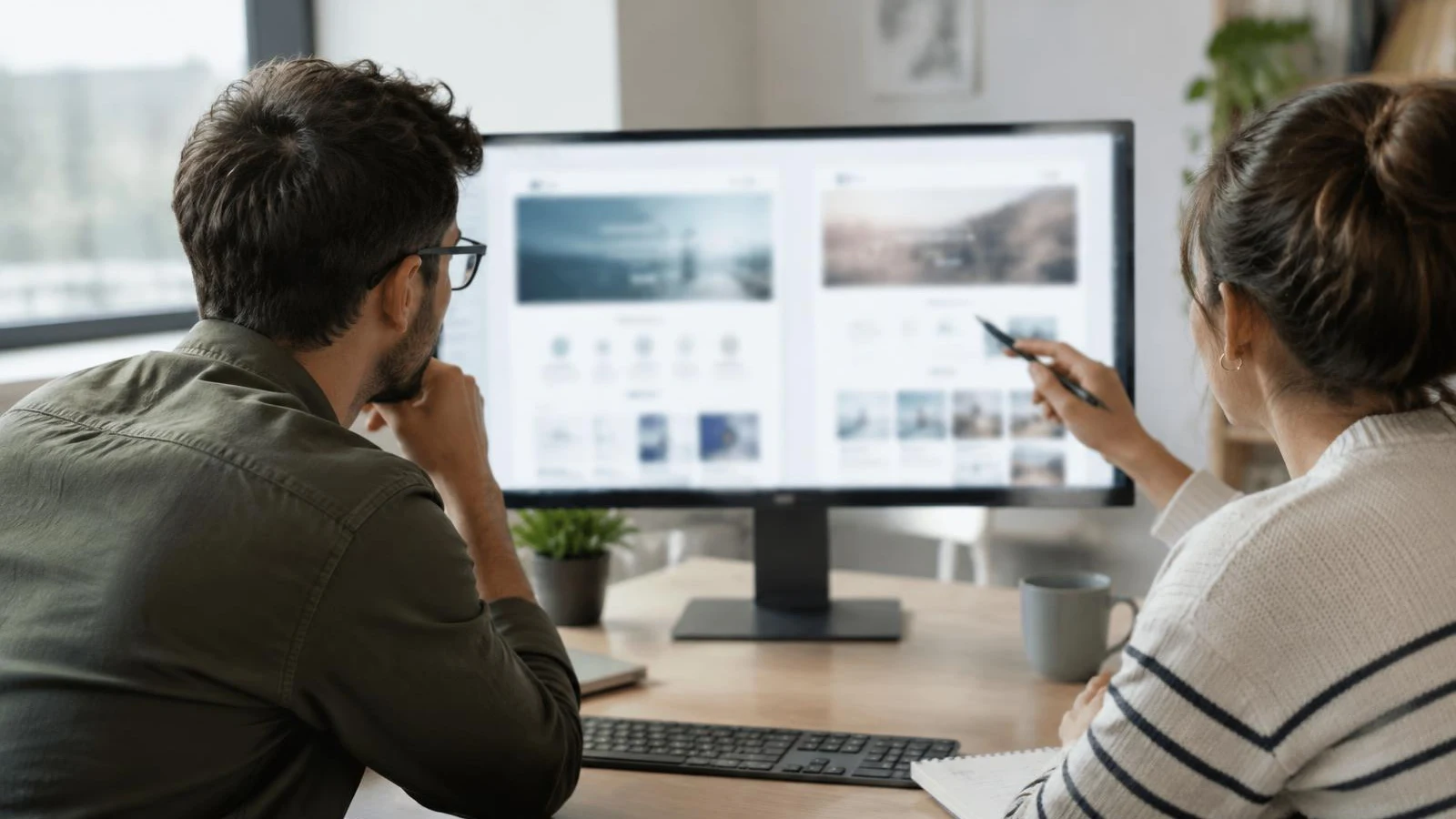 Two people comparing website layouts on a large monitor