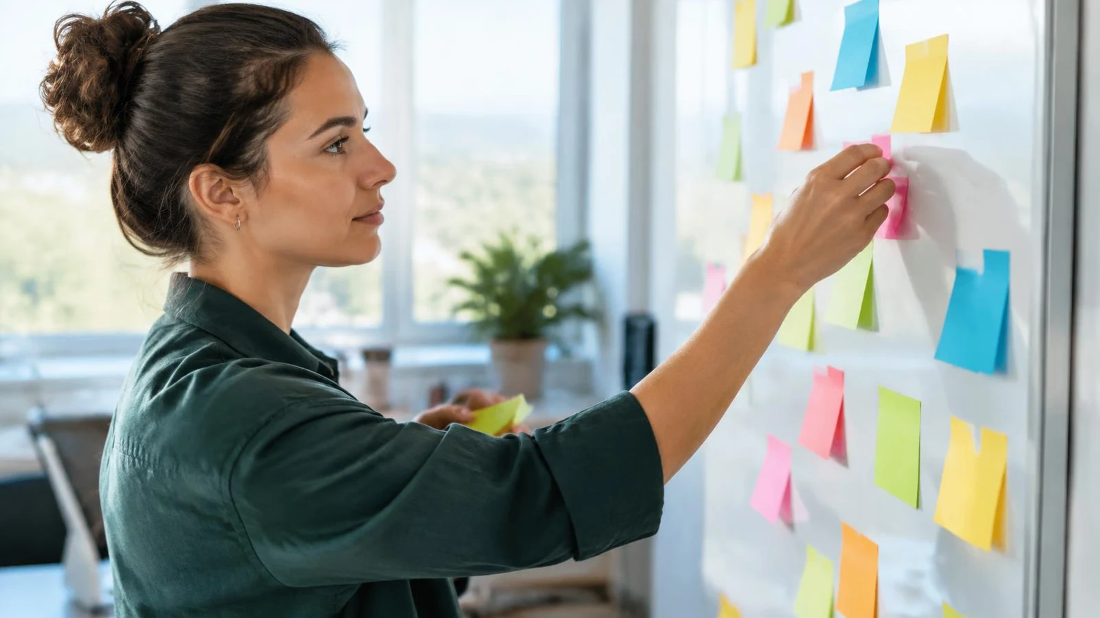 Woman arranging sticky notes on an office planning board