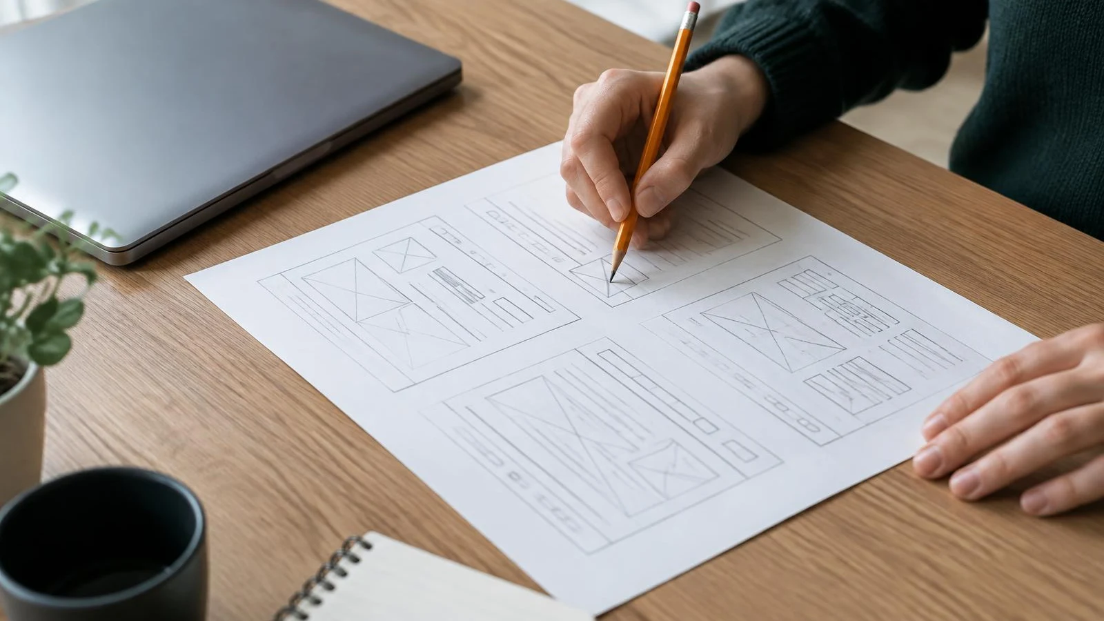 Designer sketching website wireframes on paper beside a laptop