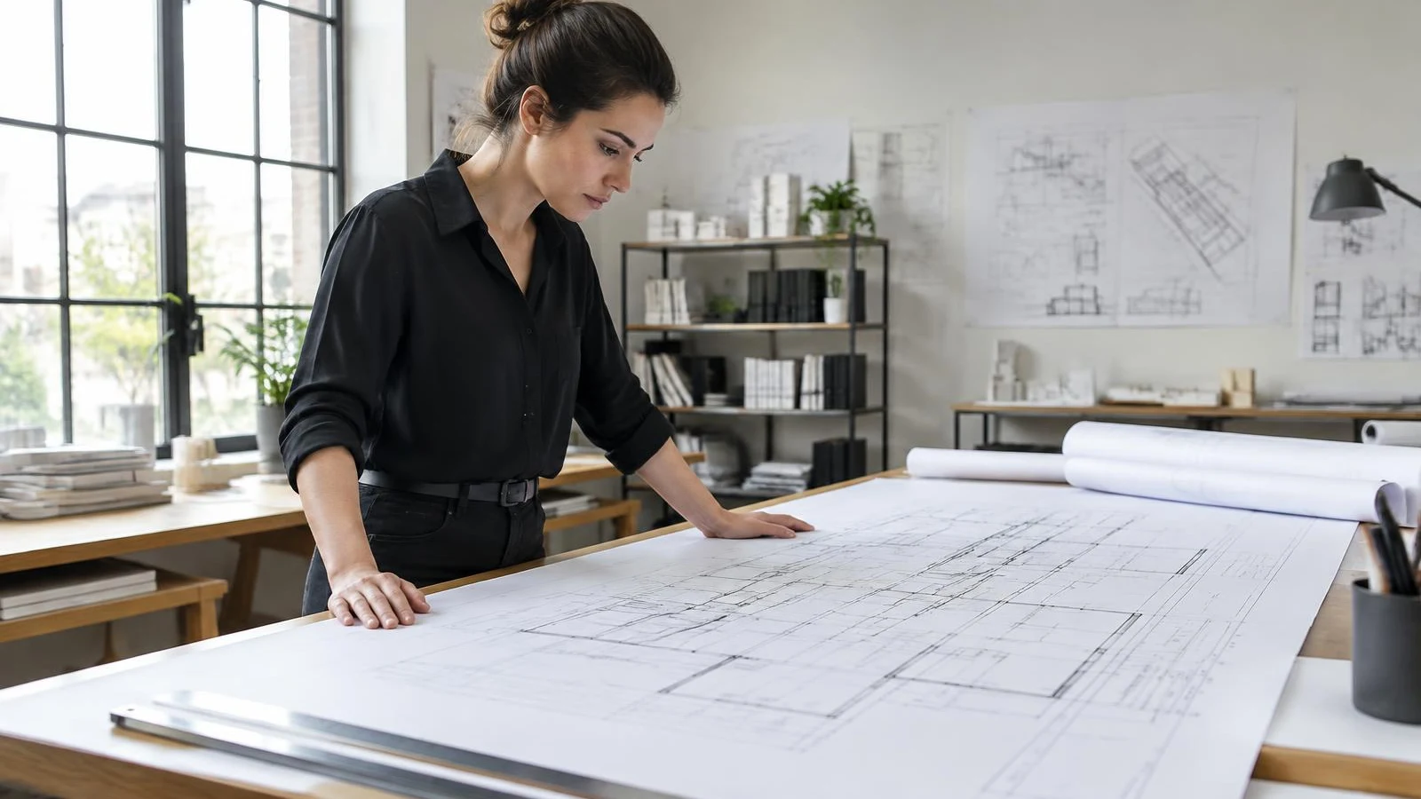 Architect reviewing blueprints at a drafting table