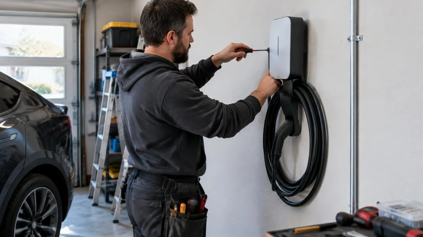Electrician mounting an EV charger on a garage wall