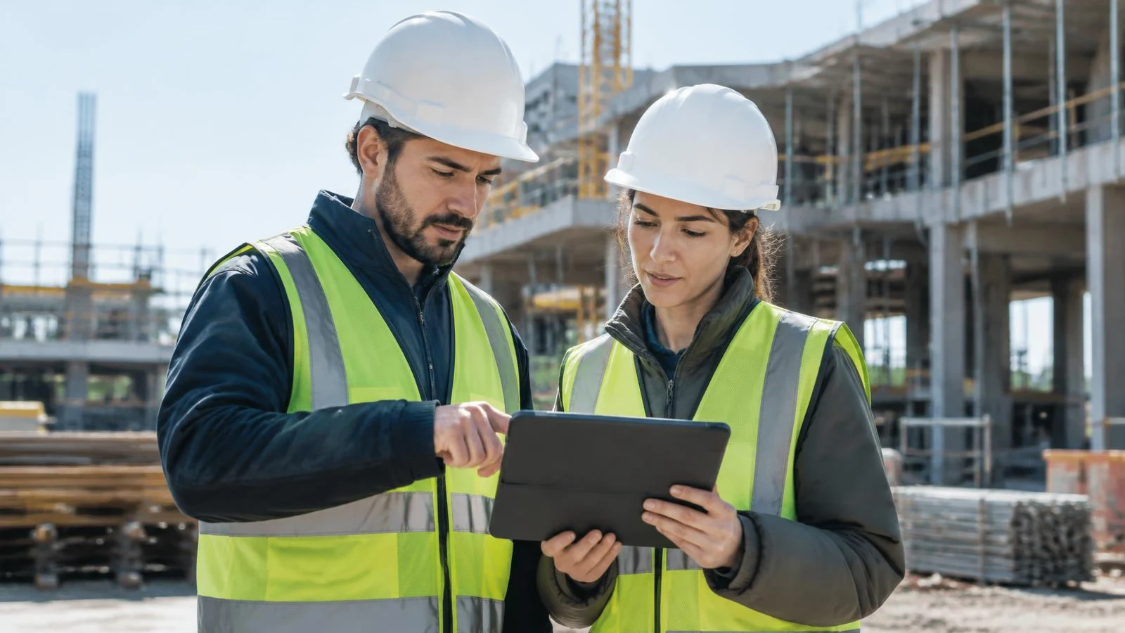 Engineers in hard hats reviewing a tablet on a construction site