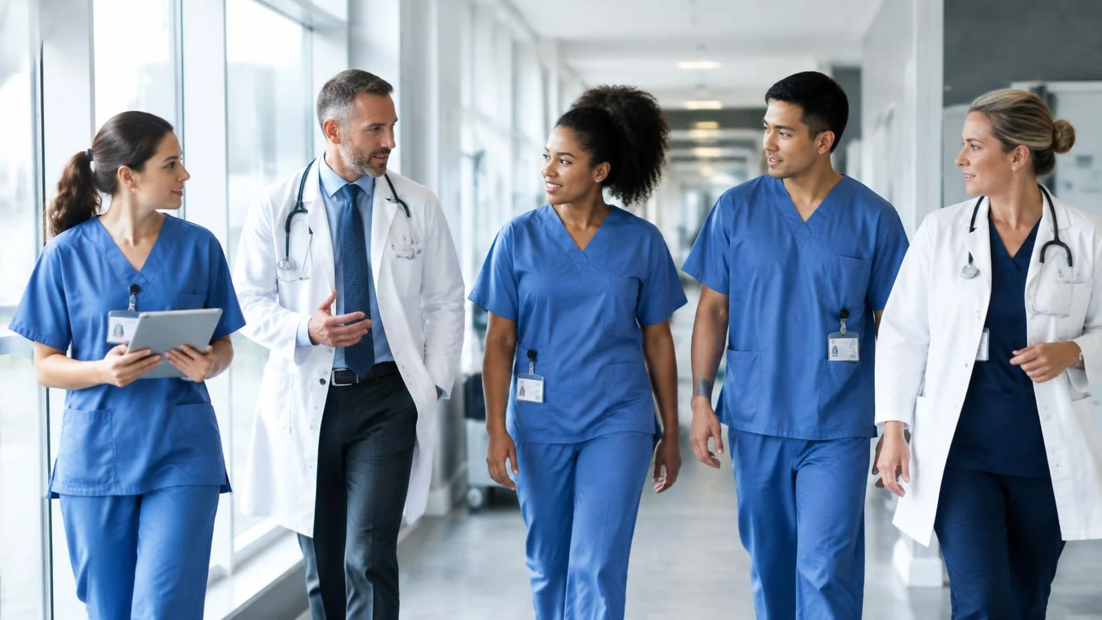 Medical team walking together down a bright hallway