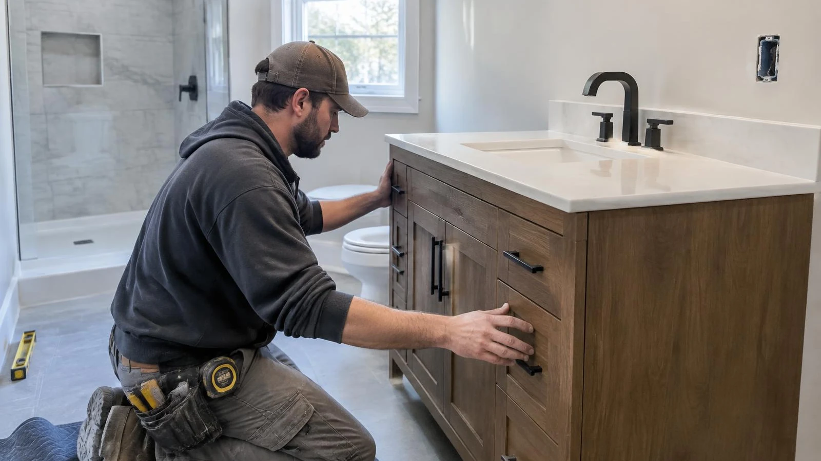 Contractor installing a wood bathroom vanity in a remodeled bathroom