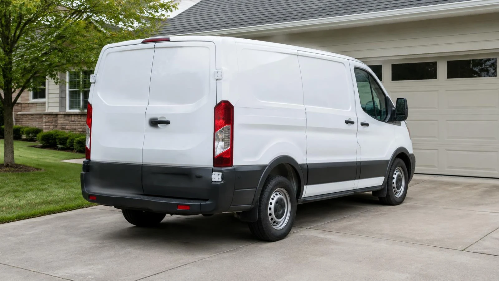 Plain white service van parked in the driveway of a suburban home
