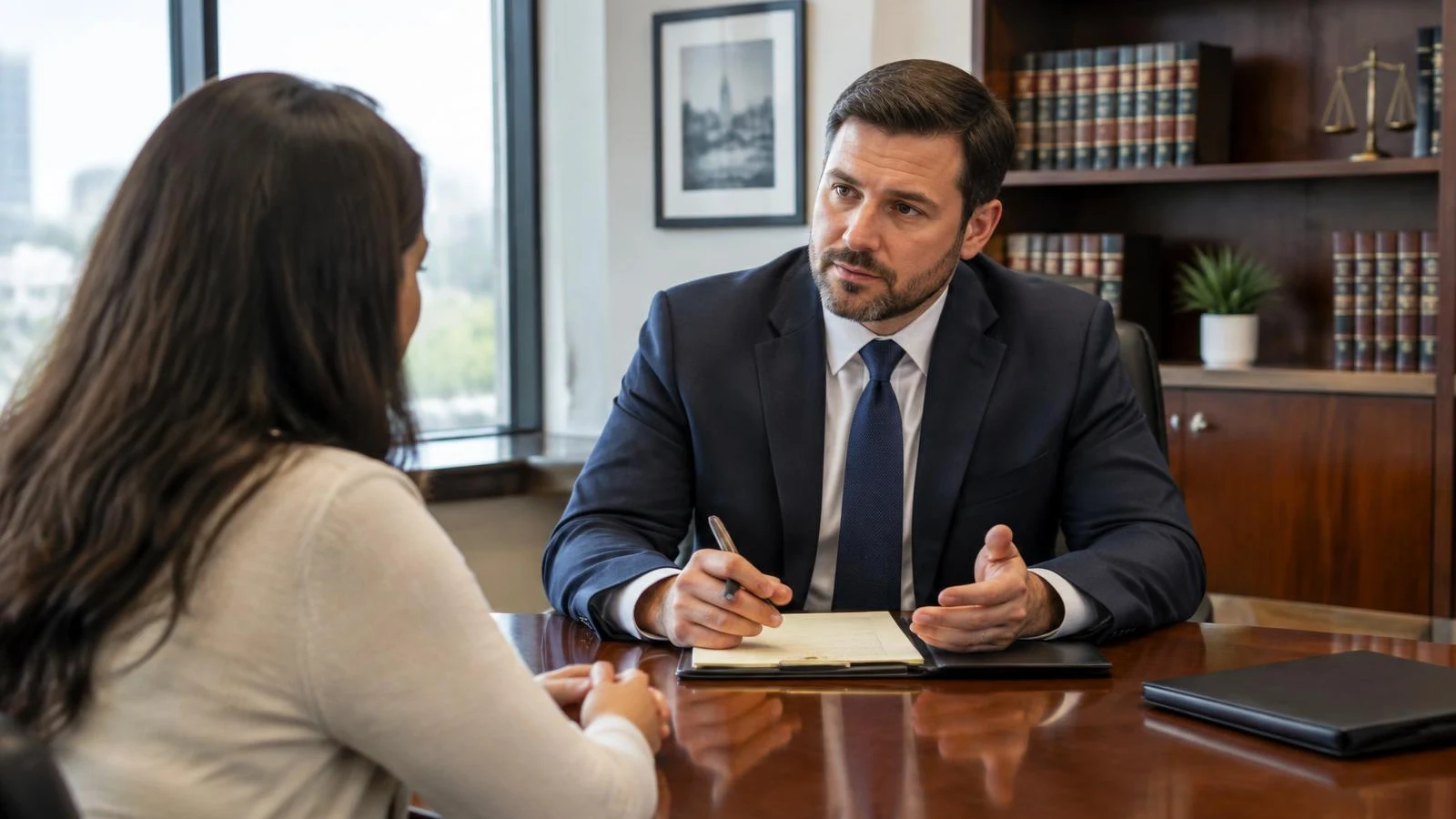 Attorney meeting a client at a conference table