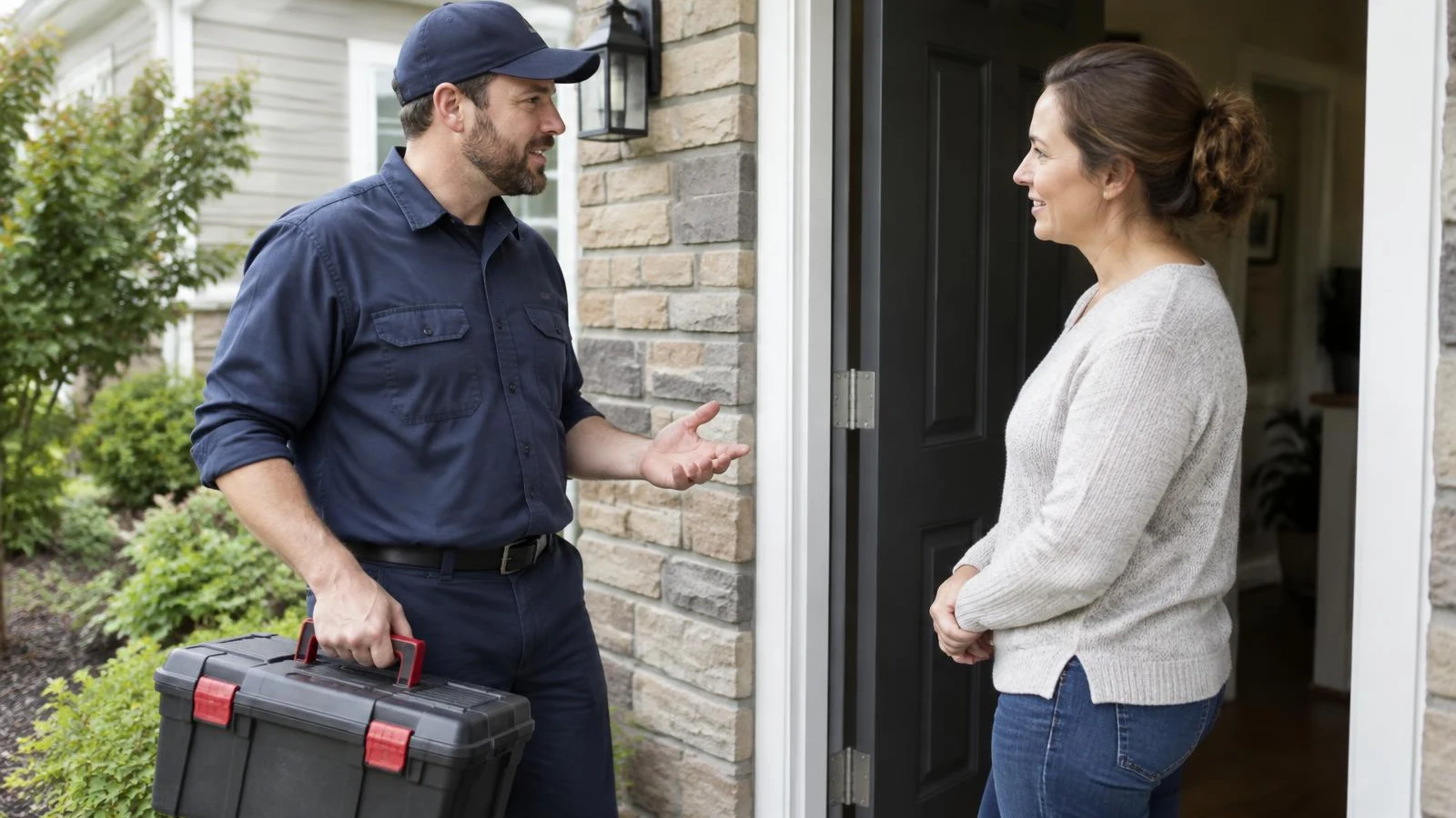 Plumber with a toolbox talking with a homeowner at her front door