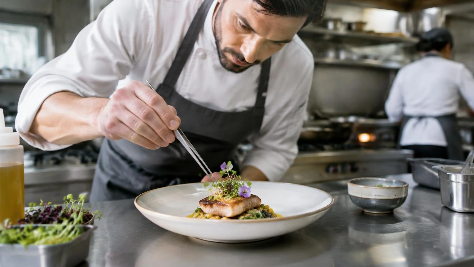 Chef plating a dish with tweezers