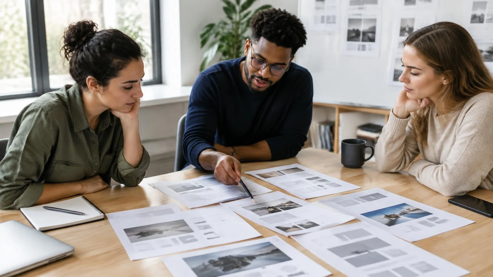 Small team discussing printed page mockups at a table