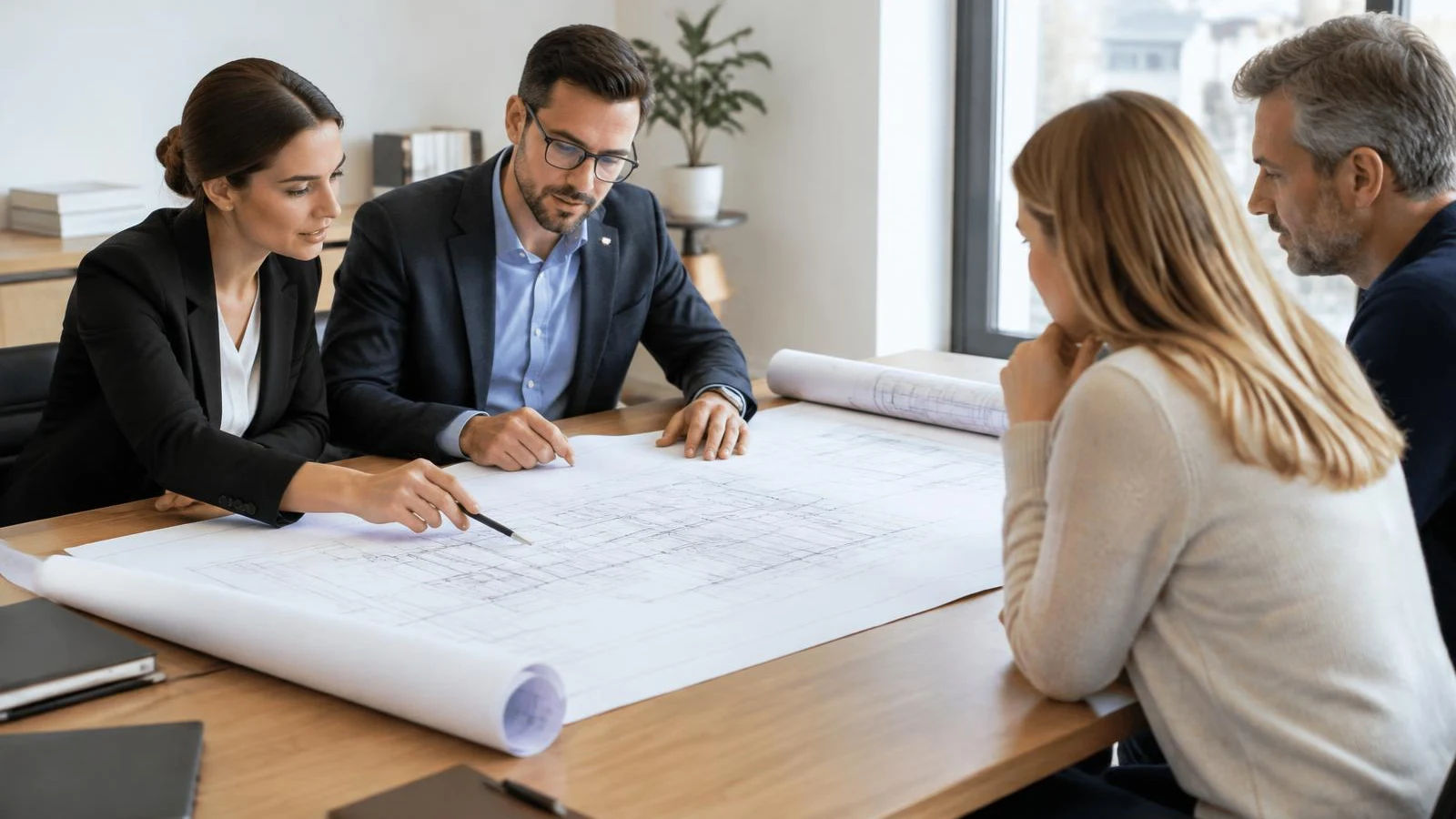 Architects presenting plans to two clients