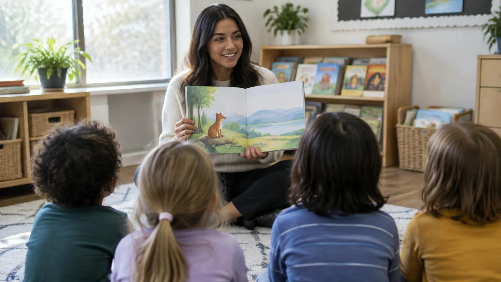 Teacher reading a picture book to children seated on a rug