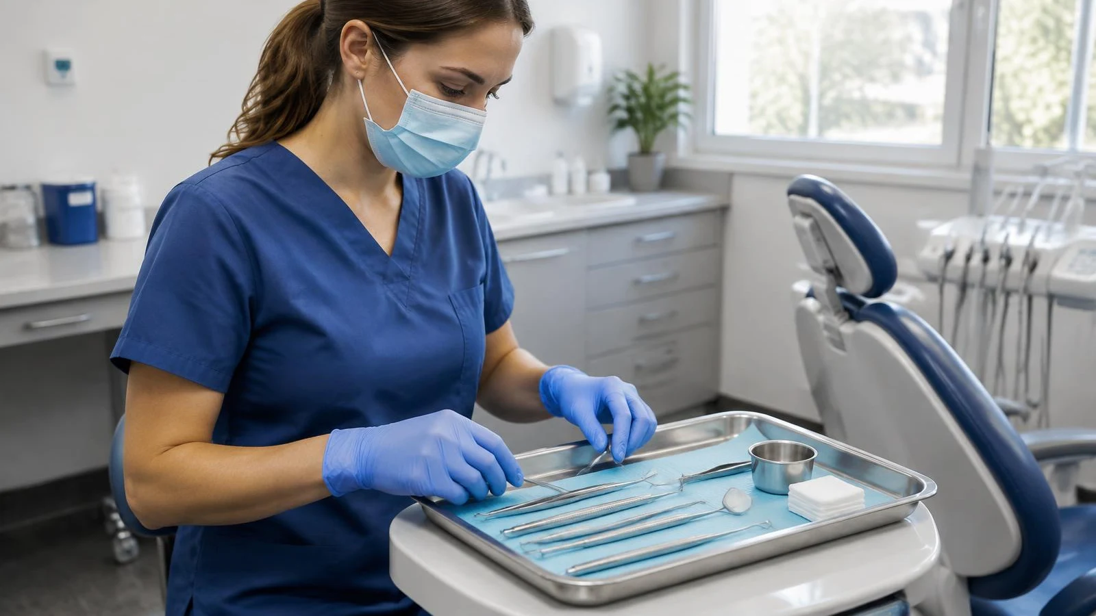 Dental hygienist arranging instruments on a tray