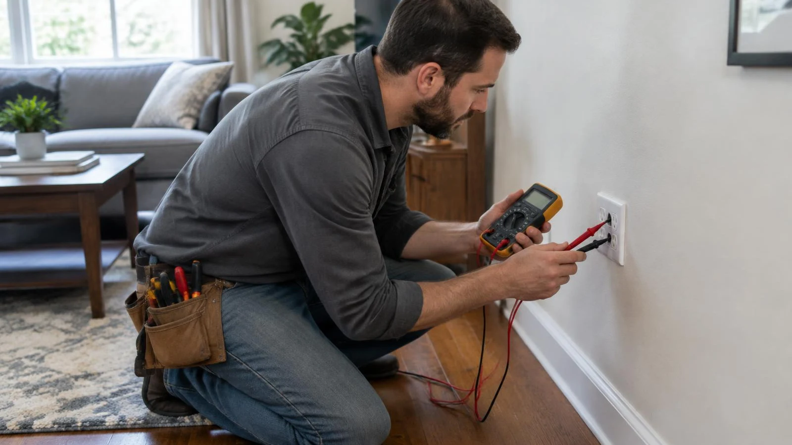 Electrician testing a living room outlet with a multimeter