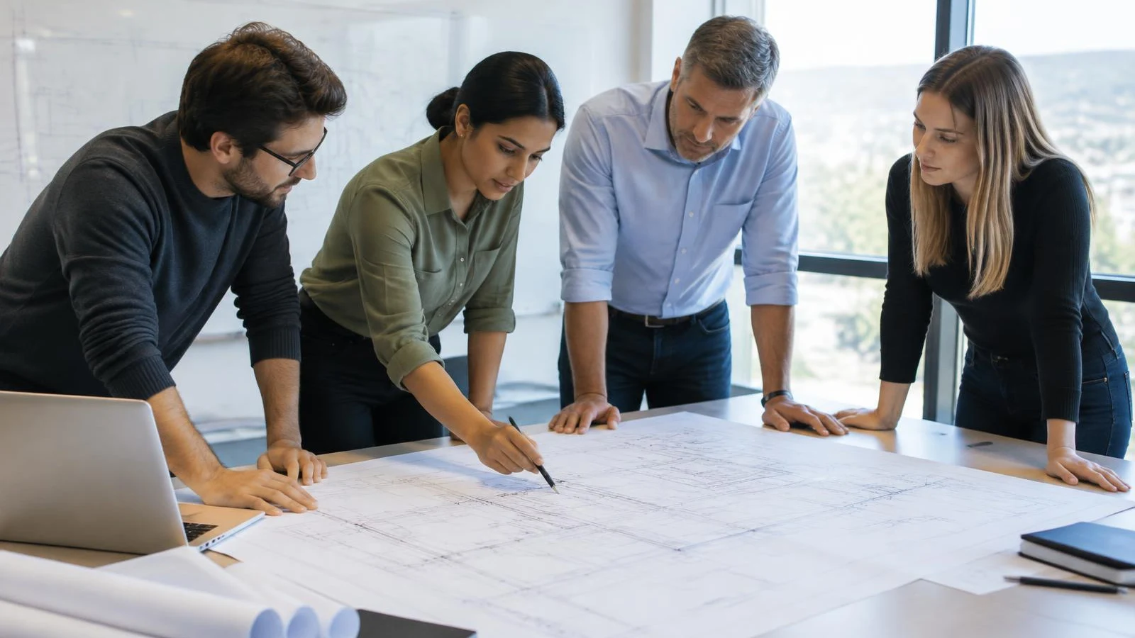 Engineering team gathered around plans on a table