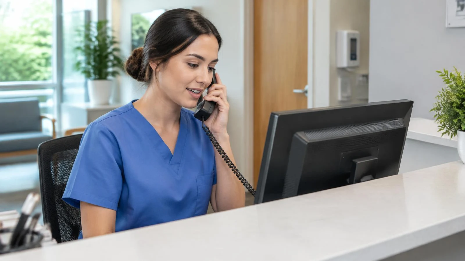 Nurse answering the phone at a clinic reception desk