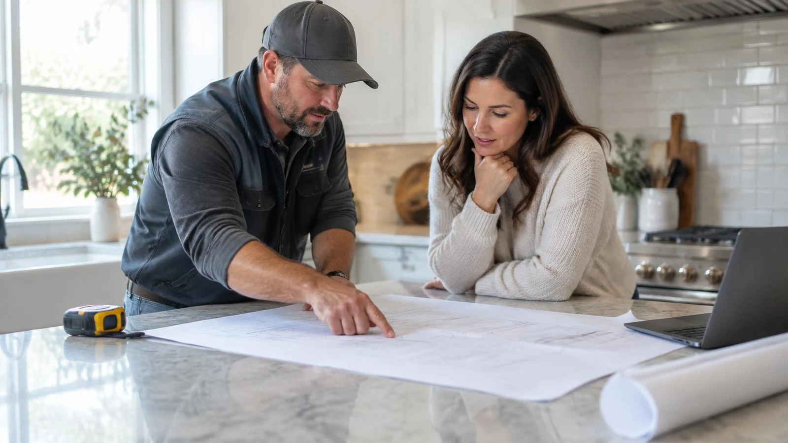 Contractor and homeowner reviewing plans at a kitchen island