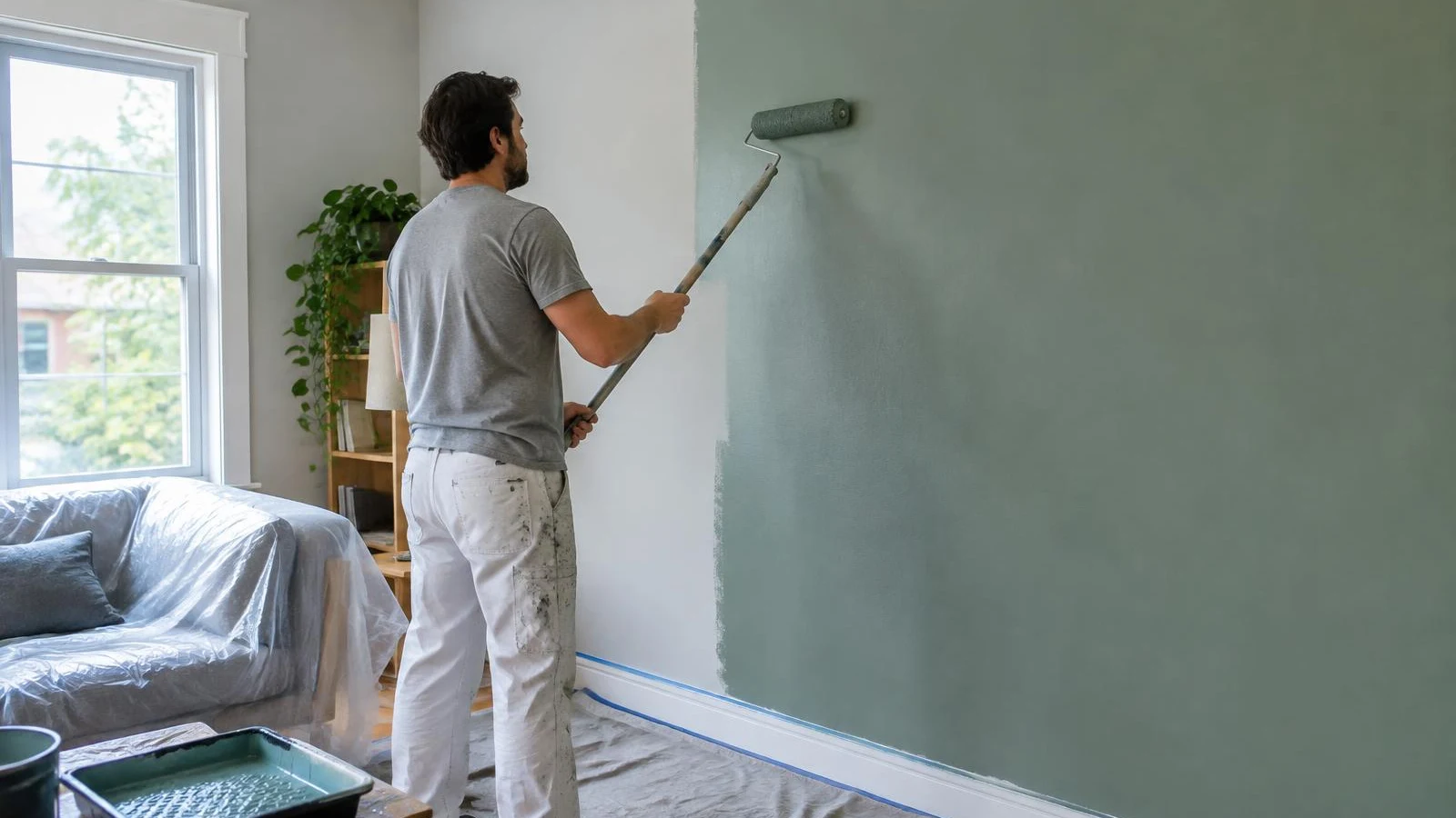 Painter rolling fresh green paint onto a living room wall