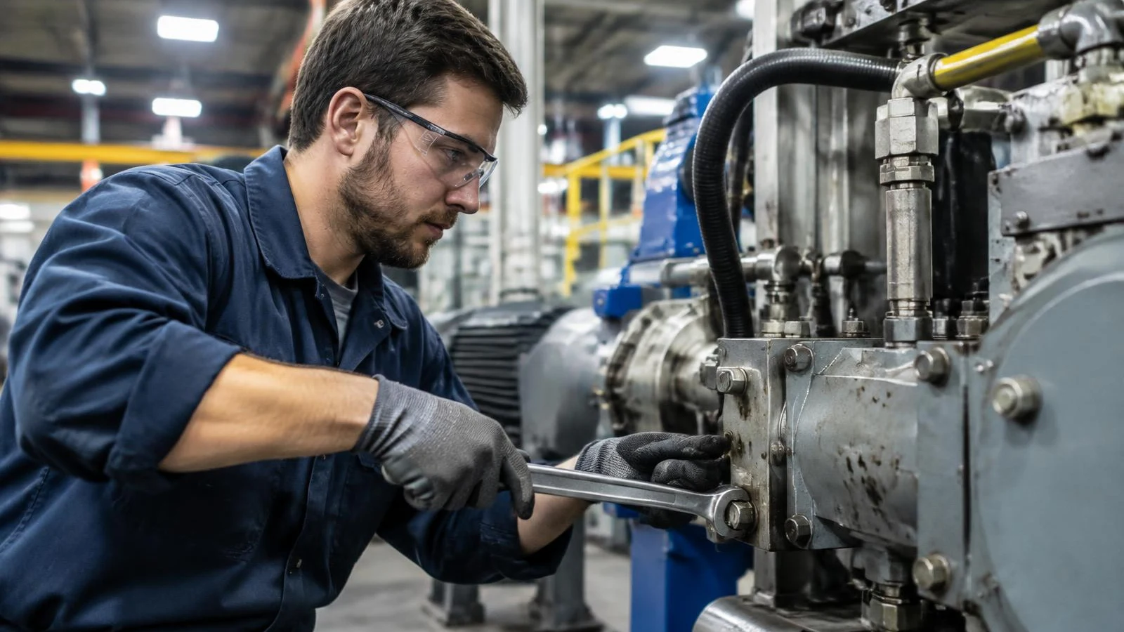 Technician servicing factory equipment with a wrench
