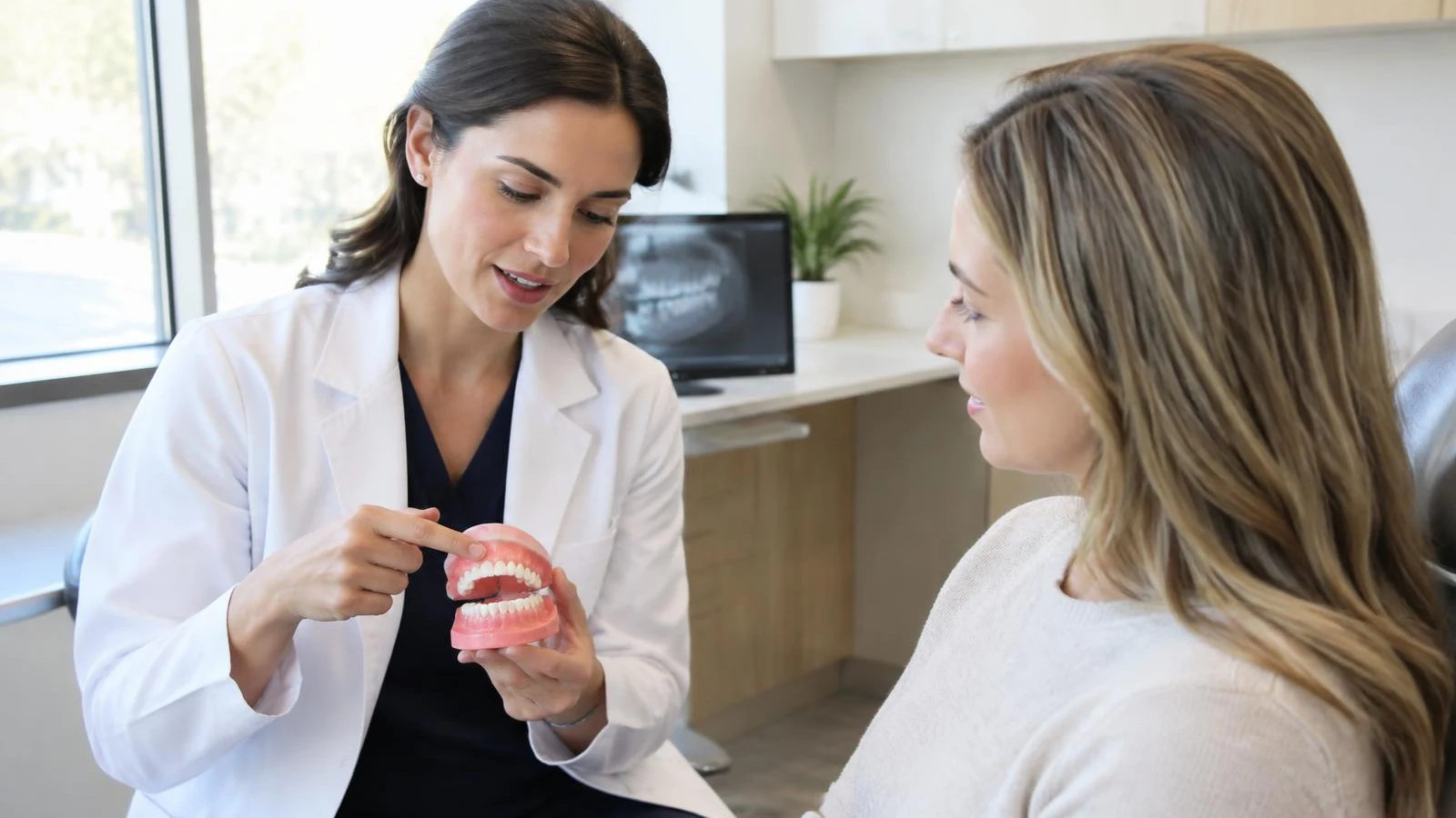 Orthodontist explaining a dental model to an adult patient