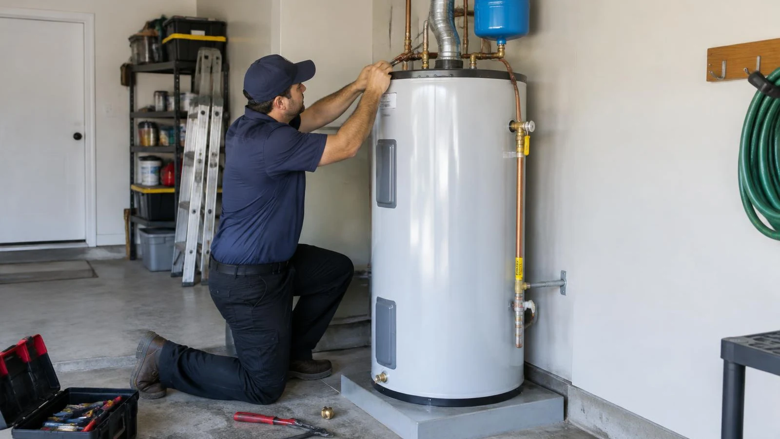 Plumber connecting a tank water heater in a garage