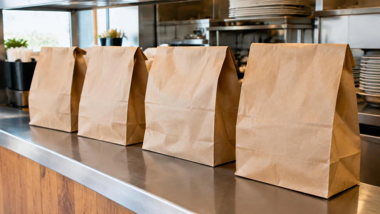 Paper takeout bags lined up on a pickup counter