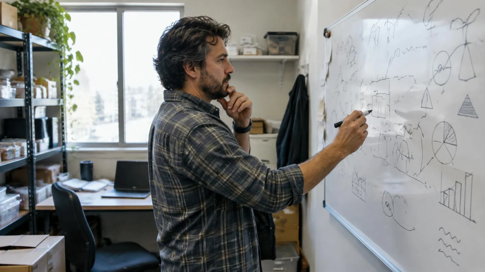 Shop owner sketching a plan on a whiteboard in a back office