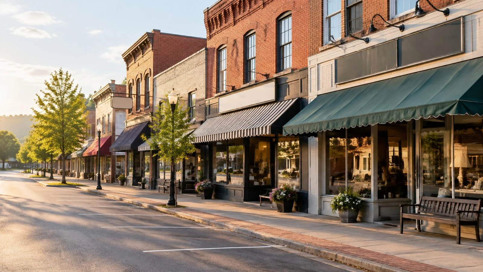 Storefronts with awnings along a small town main street