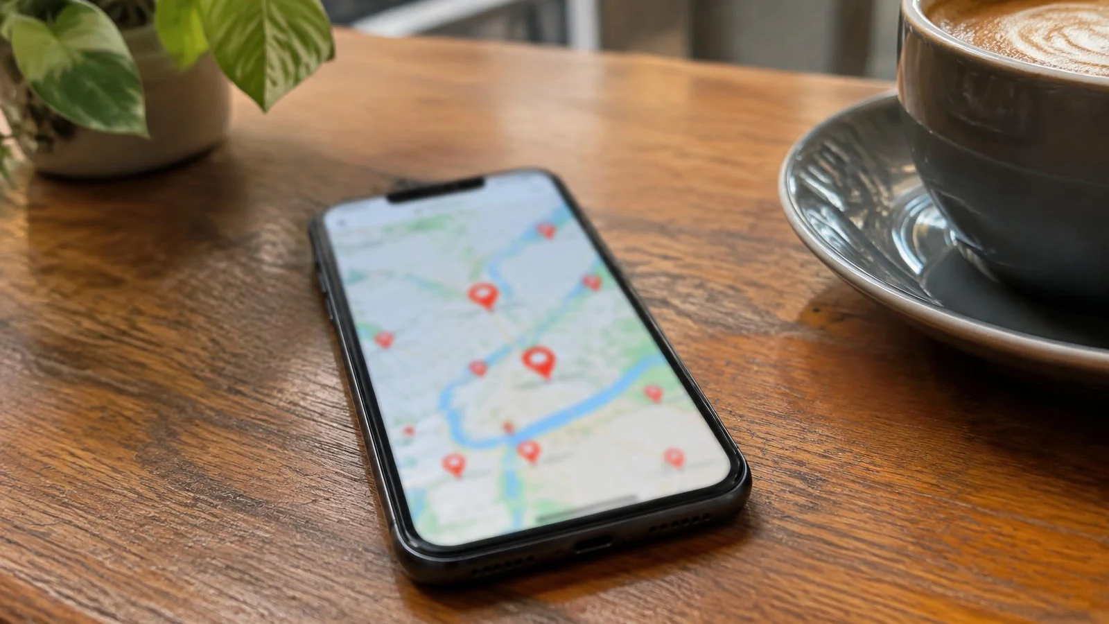 Phone on a cafe table showing a map with location pins