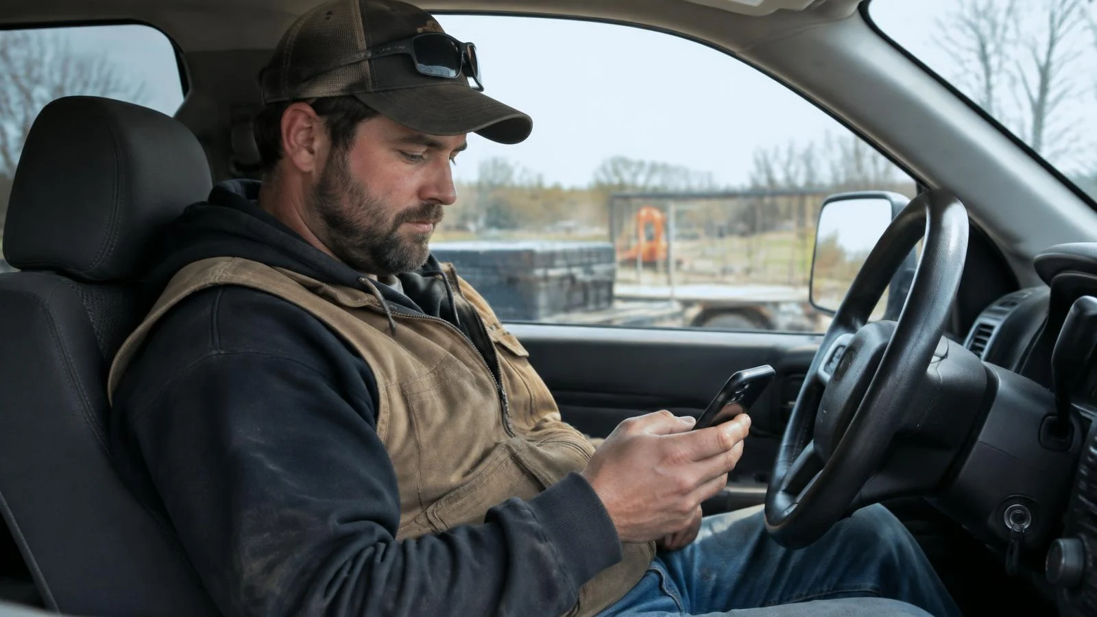 Contractor in a pickup truck cab checking his phone between jobs