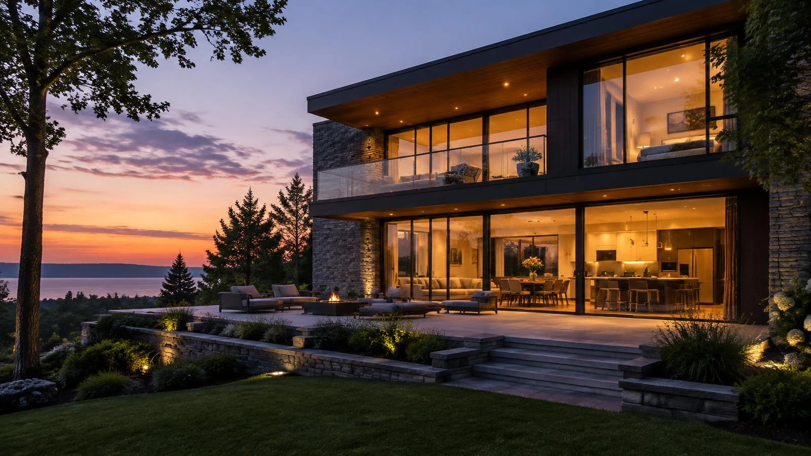 Modern house with glowing windows at dusk