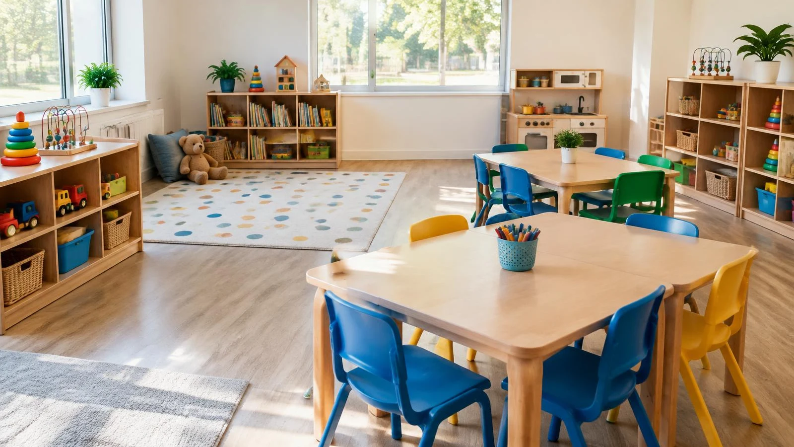 Bright, empty day care classroom with toys and small tables