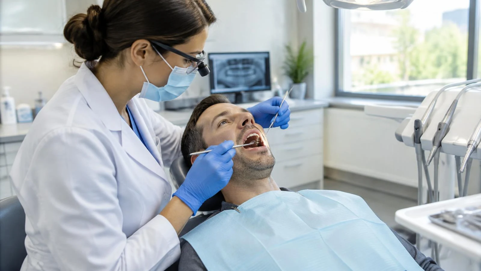 Dentist examining a patient in a modern dental chair
