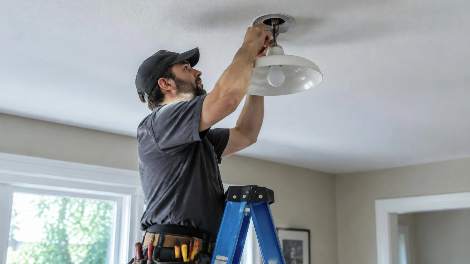 Electrician on a ladder installing a ceiling light fixture