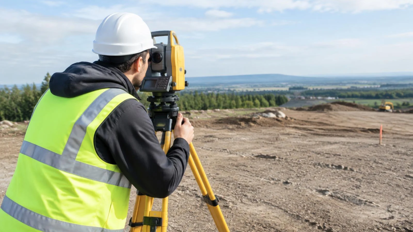 Surveyor using tripod survey equipment on an open site