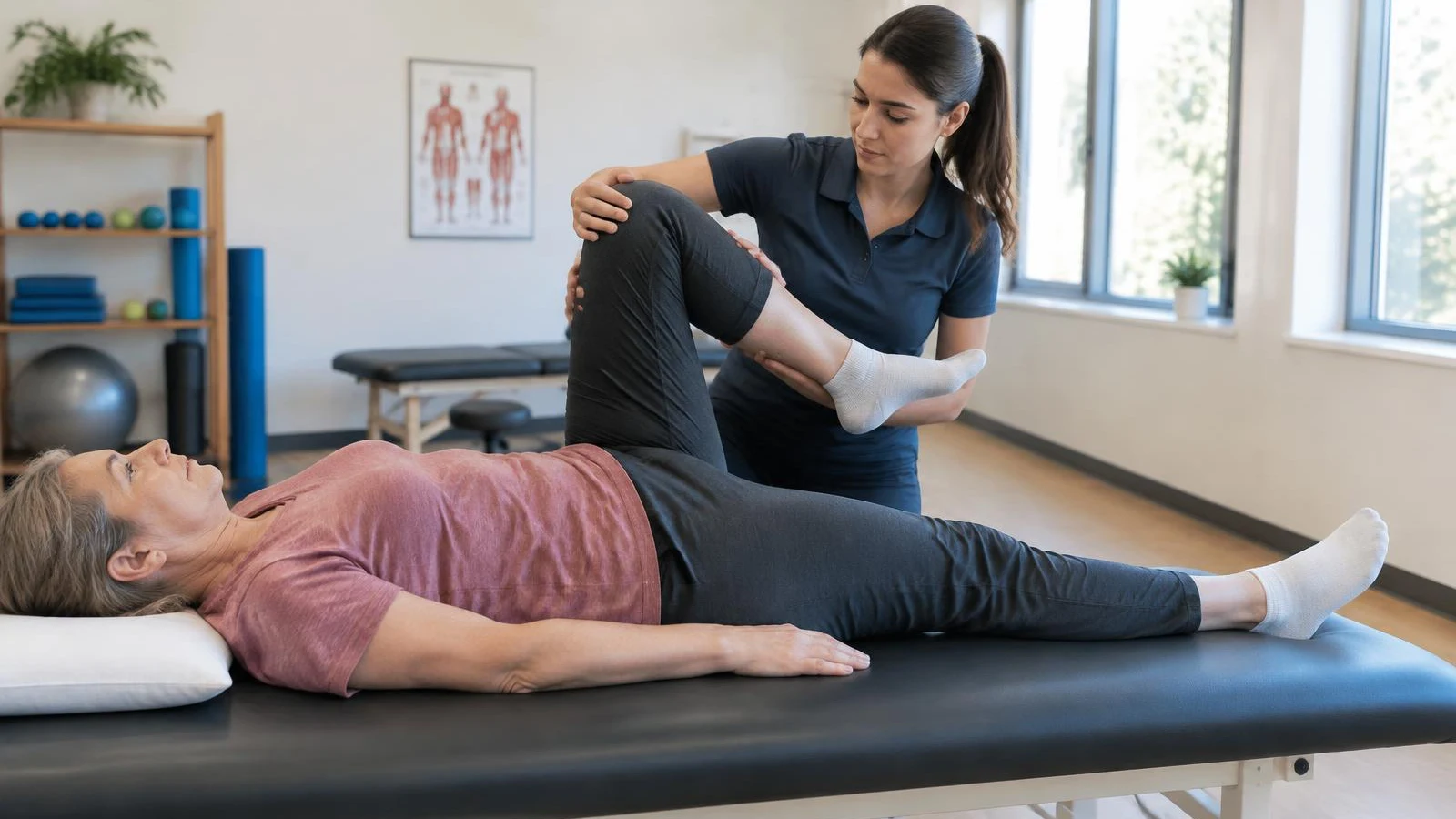 Physical therapist guiding a patient through a knee exercise