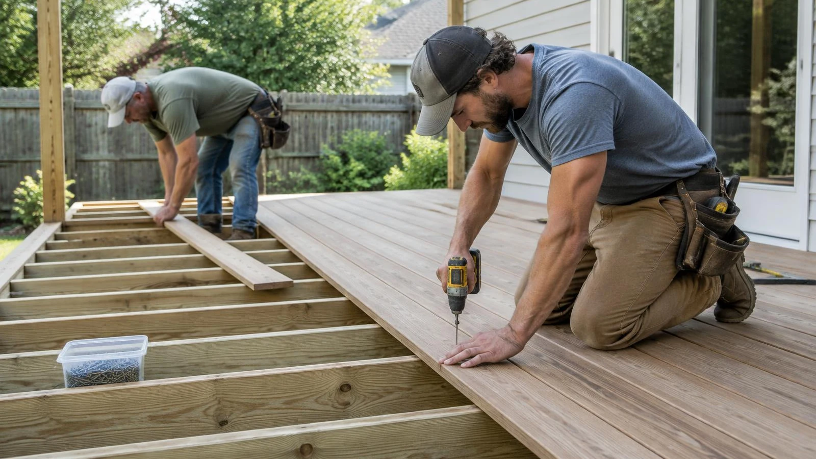 Two carpenters building a backyard wood deck