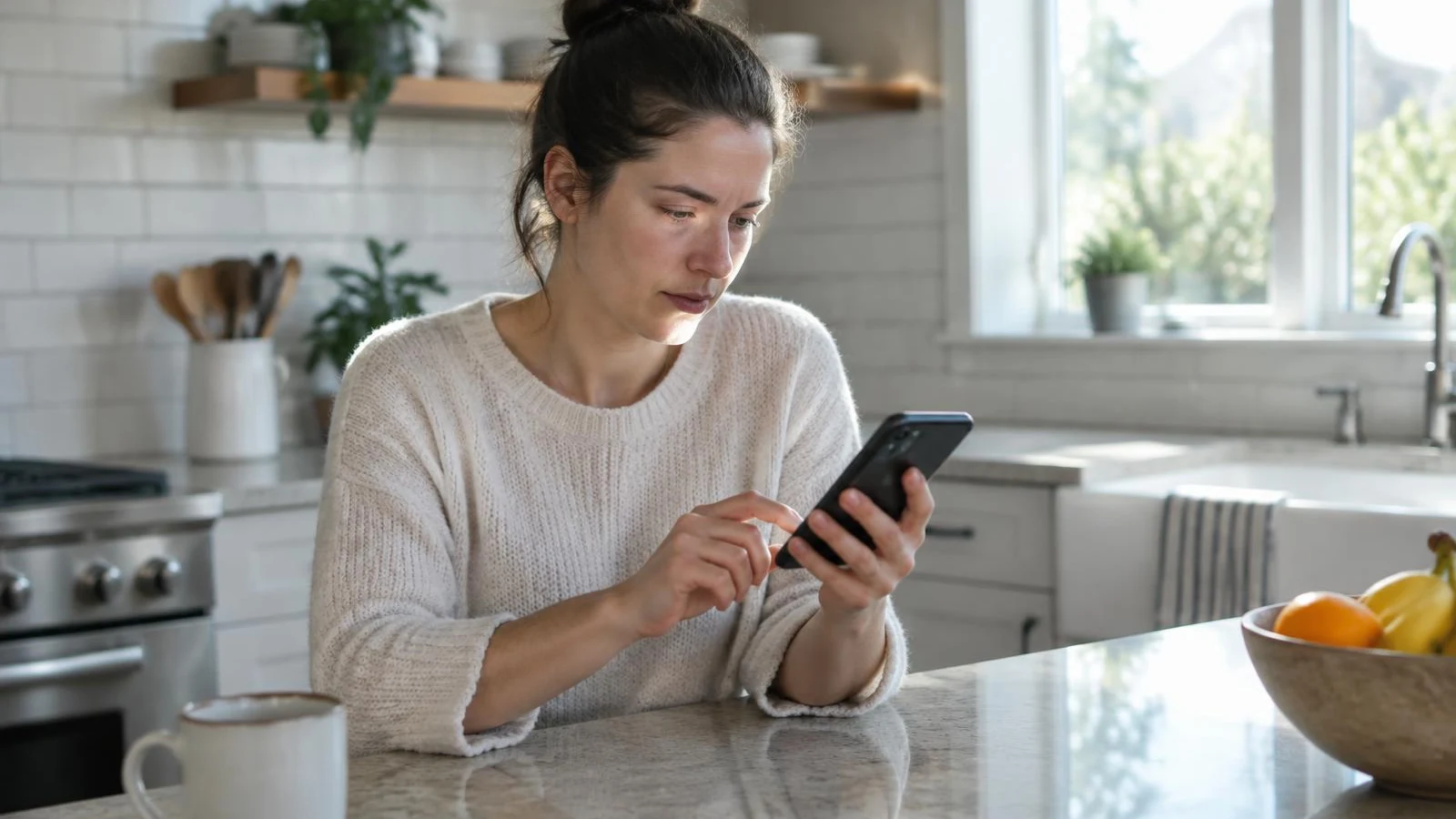 Homeowner searching for a service on a phone in a sunlit kitchen