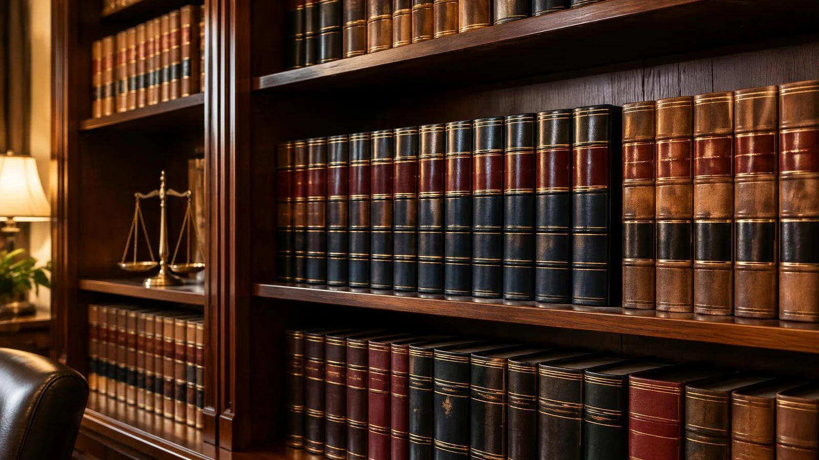 Law office bookshelf lined with leather-bound legal books
