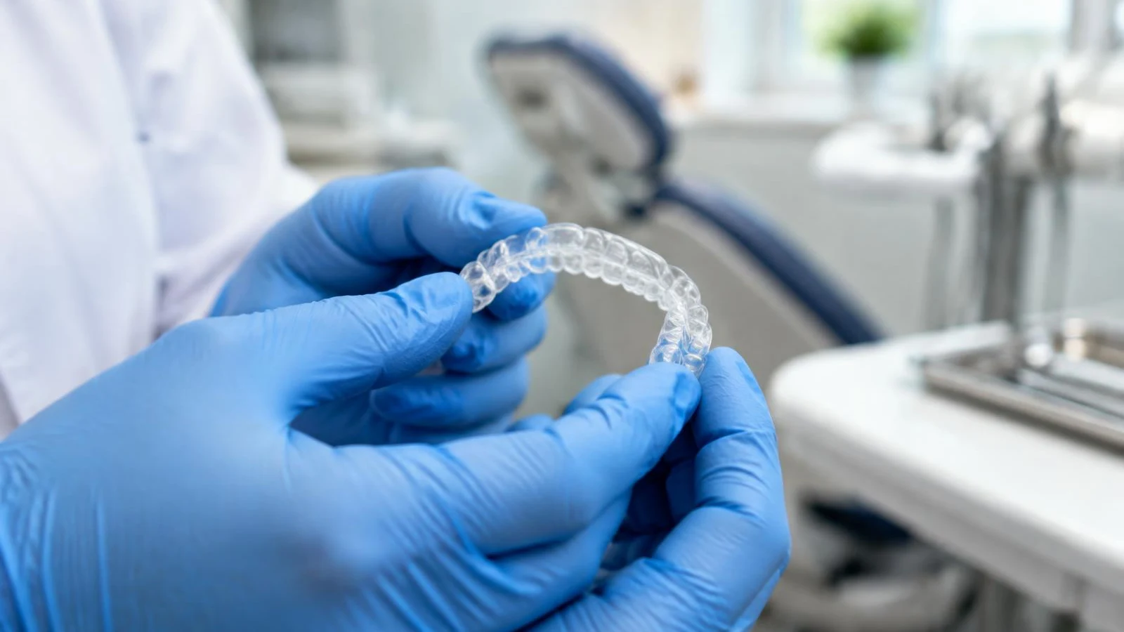 Orthodontist's gloved hands holding a clear aligner tray