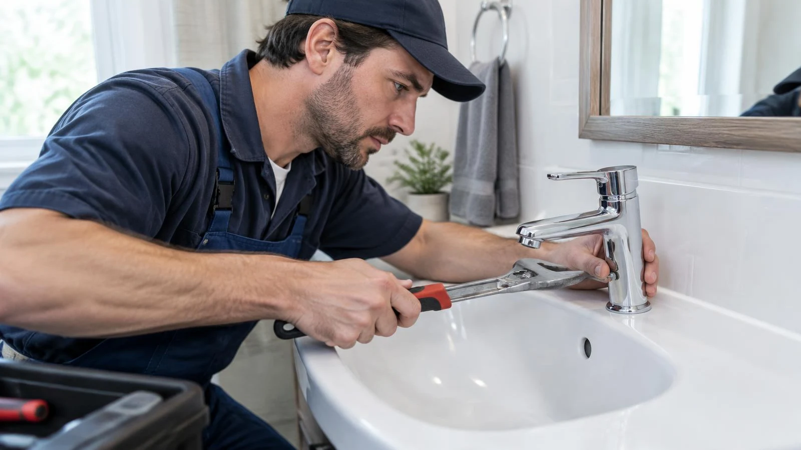 Plumber tightening a bathroom faucet with a wrench