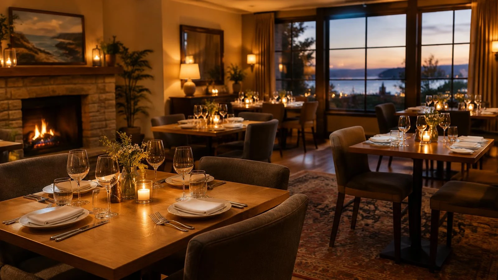 Candlelit restaurant dining room in the evening