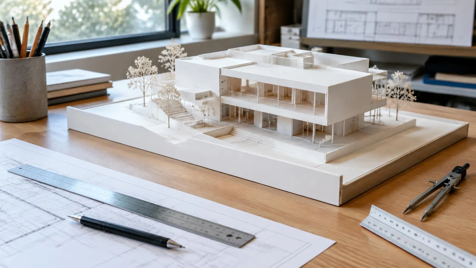 White architectural scale model on a studio desk